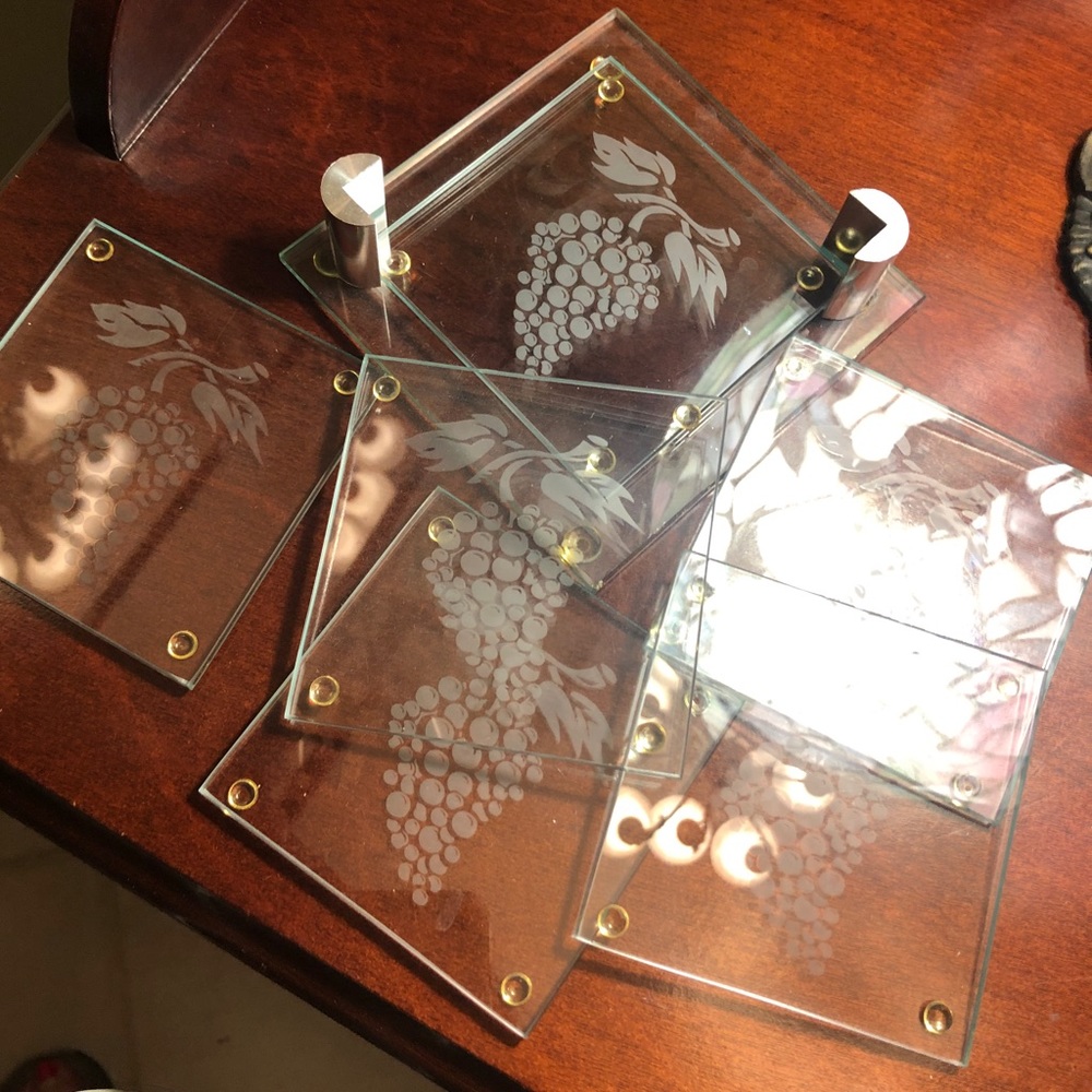Set of Six Glass Coasters w/ Holder